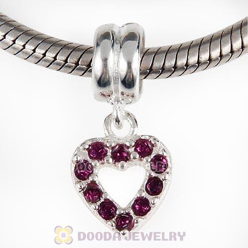 Sterling Silver Heart Dangle Charms with Amethyst Austrian Crystal