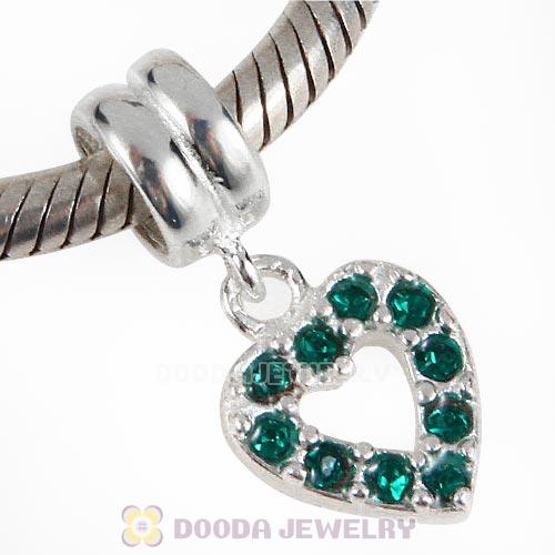 Sterling Silver Heart Dangle Charms with Emerald Austrian Crystal