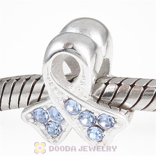 Sterling Silver Ribbon Lung Cancer Bead with Light Sapphire Austrian Crystal
