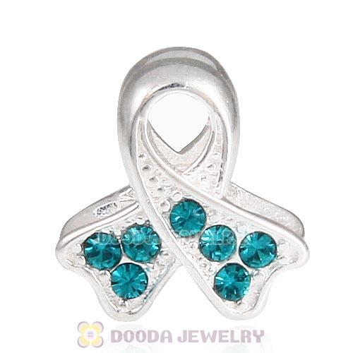 Sterling Silver Ribbon Lung Cancer Bead with Blue Zircon Austrian Crystal