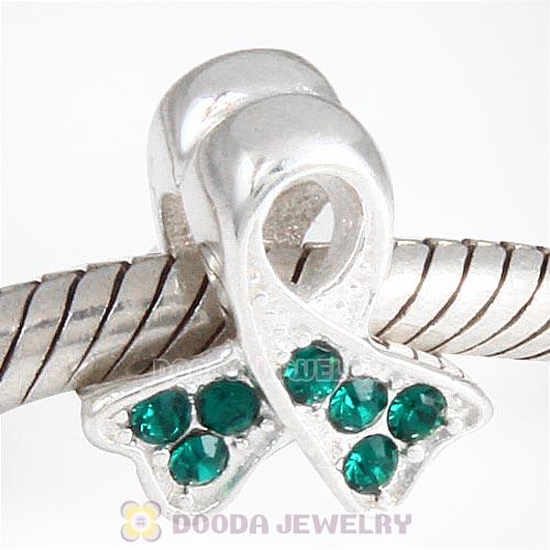 Sterling Silver Ribbon Lung Cancer Bead with Emerald Austrian Crystal