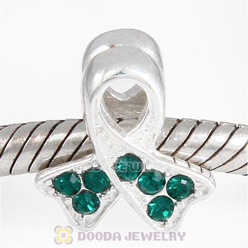 Sterling Silver Ribbon Lung Cancer Bead with Emerald Austrian Crystal