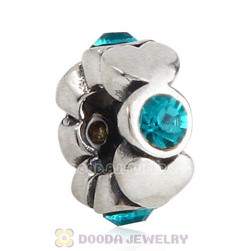European Sterling Silver Heart Spacer Beads with Blue Zircon Austrian Crystal
