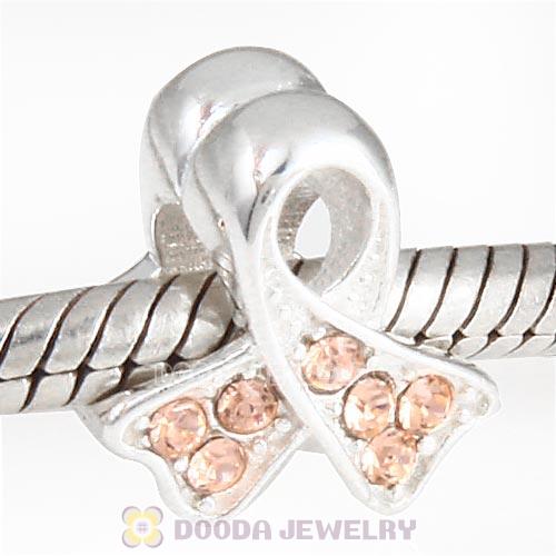 Sterling Silver Ribbon Lung Cancer Bead with Light Peach Austrian Crystal