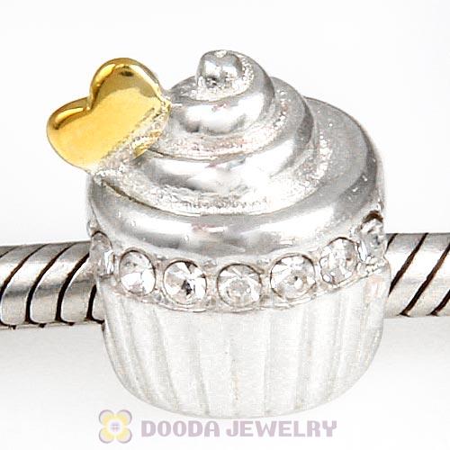 Sterling Silver Golden Heart Cupcake Bead with Clear Austrian Crystal