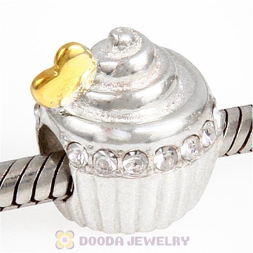 Sterling Silver Golden Heart Cupcake Bead with Clear Austrian Crystal