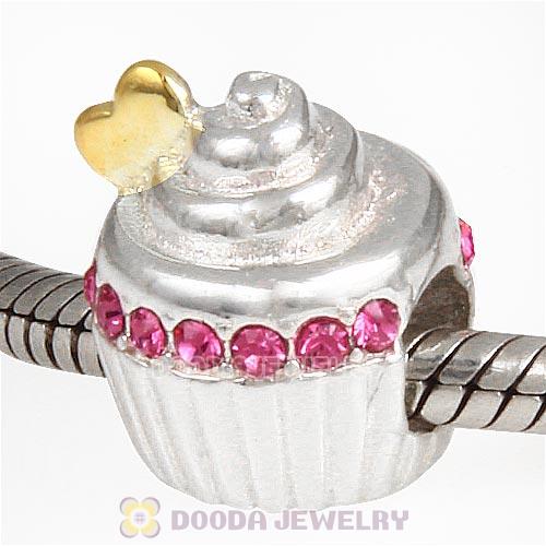 Sterling Silver Golden Heart Cupcake Bead with Rose Austrian Crystal