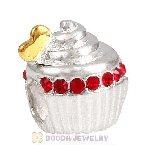 Sterling Silver Golden Heart Cupcake Bead with Light Siam Austrian Crystal