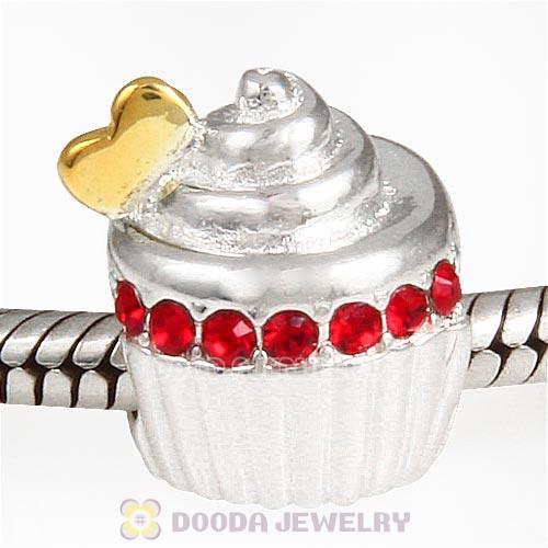 Sterling Silver Golden Heart Cupcake Bead with Light Siam Austrian Crystal