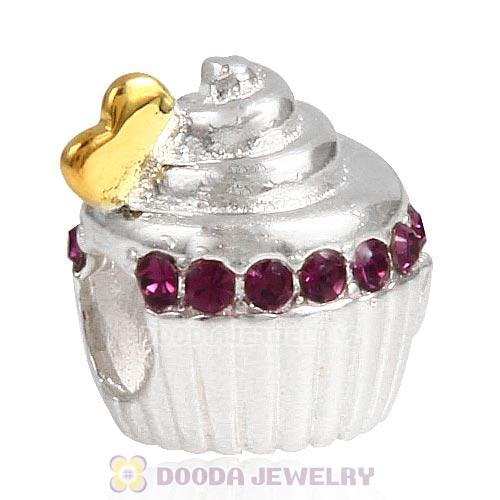 Sterling Silver Golden Heart Cupcake Bead with Amethyst Austrian Crystal