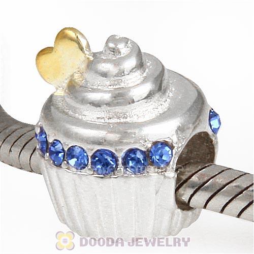Sterling Silver Golden Heart Cupcake Bead with Sapphire Austrian Crystal