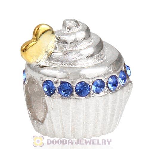 Sterling Silver Golden Heart Cupcake Bead with Sapphire Austrian Crystal