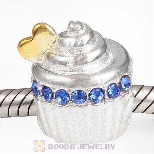 Sterling Silver Golden Heart Cupcake Bead with Sapphire Austrian Crystal