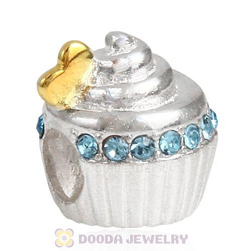 Sterling Silver Golden Heart Cupcake Bead with Aquamarine Austrian Crystal