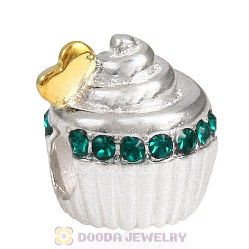 Sterling Silver Golden Heart Cupcake Bead with Emerald Austrian Crystal
