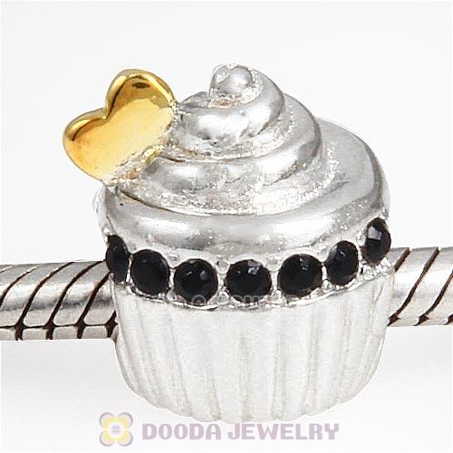 Sterling Silver Golden Heart Cupcake Bead with Jet Austrian Crystal
