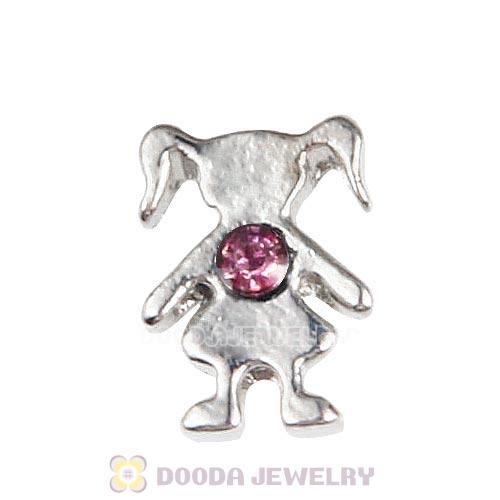 Platinum Plated Alloy Girl with Pink Crystal Floating Charms