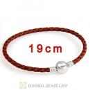 19cm Brown Braided Leather Bracelet with Silver Round Clip fit European Beads