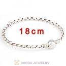 18cm White Braided Leather Bracelet with Silver Round Clip fit European Beads