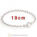 19cm White Braided Leather Bracelet with Silver Round Clip fit European Beads