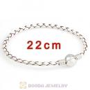 22cm White Braided Leather Bracelet with Silver Round Clip fit European Beads
