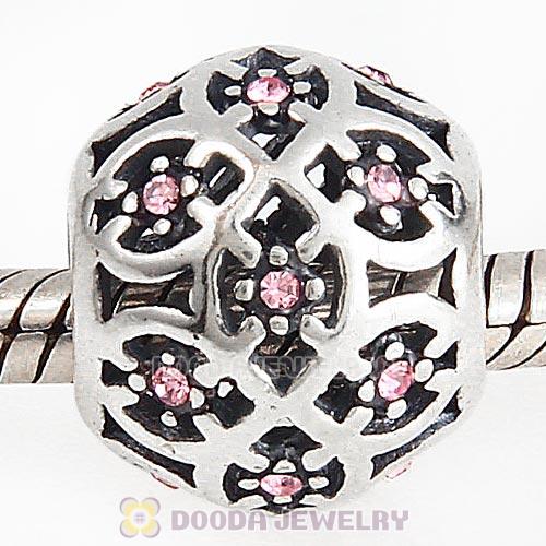 Sterling Silver Intricate Lattice Bead with Light Rose Austrian Crystal