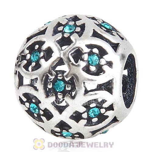 Sterling Silver Intricate Lattice Bead with Blue Zircon Austrian Crystal