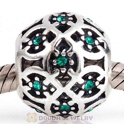 Sterling Silver Intricate Lattice Bead with Emerald Austrian Crystal