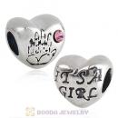 Antique Sterling Silver IT IS A GIRL Heart Beads with Pink Austrian Crystal