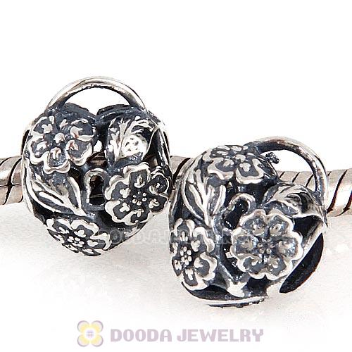 Antique Sterling Silver Floral Heart Padlock Charm Beads European Style