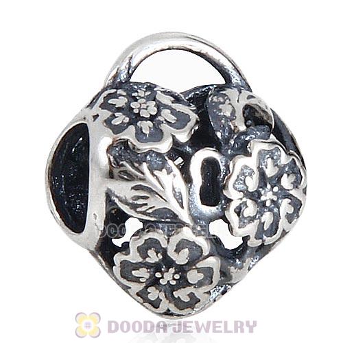 Antique Sterling Silver Floral Heart Padlock Charm Beads European Style