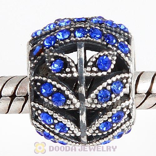 Sterling Silver Sparkling Leaves Bead with Sapphire Austrian Crystal