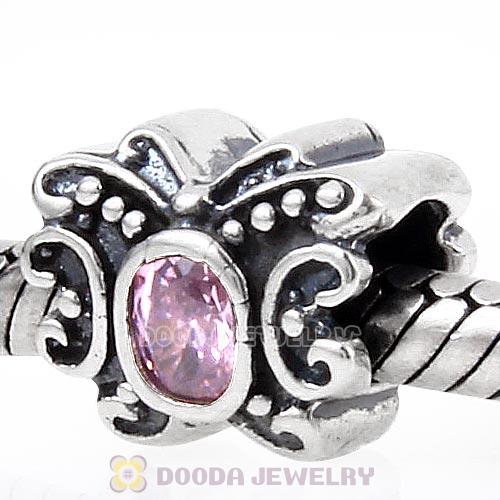 Antique Sterling Silver Butterfly Charm Beads with Pink CZ Stone