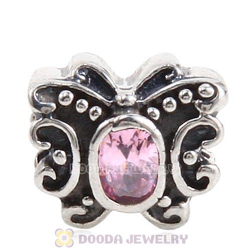 Antique Sterling Silver Butterfly Charm Beads with Pink CZ Stone