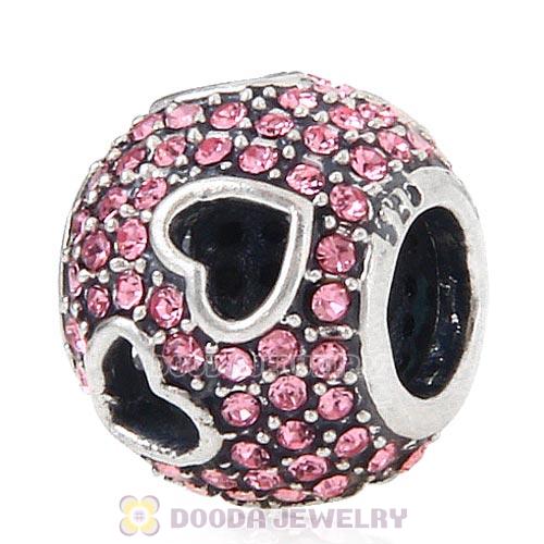 Sterling Silver Tumbling Hearts Charm with Light Rose Austrian Crystal