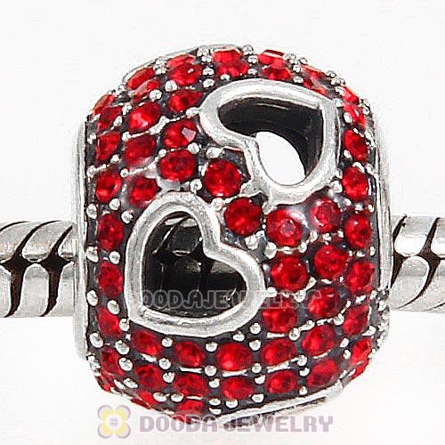 Sterling Silver Tumbling Hearts Charm with Light Siam Austrian Crystal