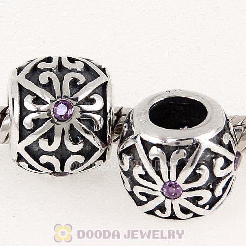 Antique Sterling Silver European Beads with Purple CZ Stone