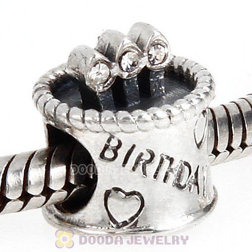Sterling Silver Birthday Cake Charm Beads with Clear Austrian Crystal Wholesale