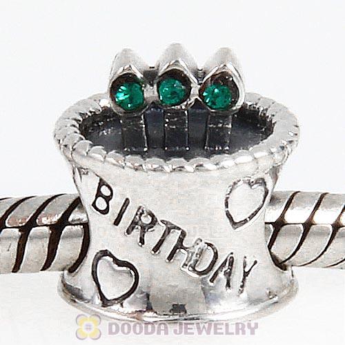 Sterling Silver Birthday Cake Charm Beads with Emerald Austrian Crystal Wholesale