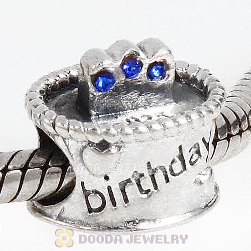 Sterling Silver Birthday Cake Charm Beads with Sapphire Austrian Crystal Wholesale