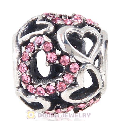 Sterling Silver love Hearts Charm with Light Rose Heart Austrian Crystal