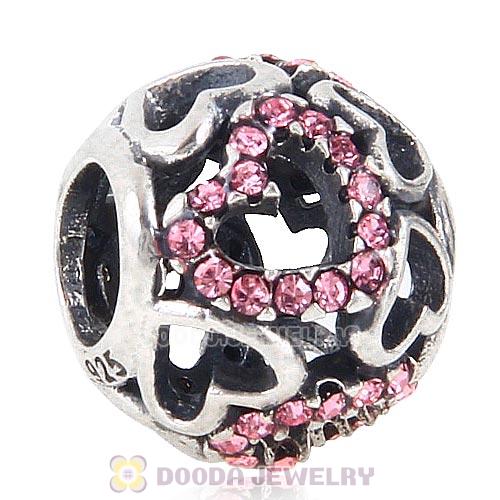 Sterling Silver love Hearts Charm with Light Rose Heart Austrian Crystal