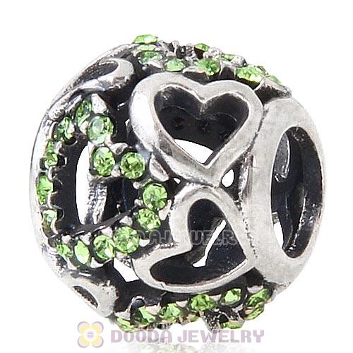 Sterling Silver love Hearts Charm with Peridot Heart Austrian Crystal