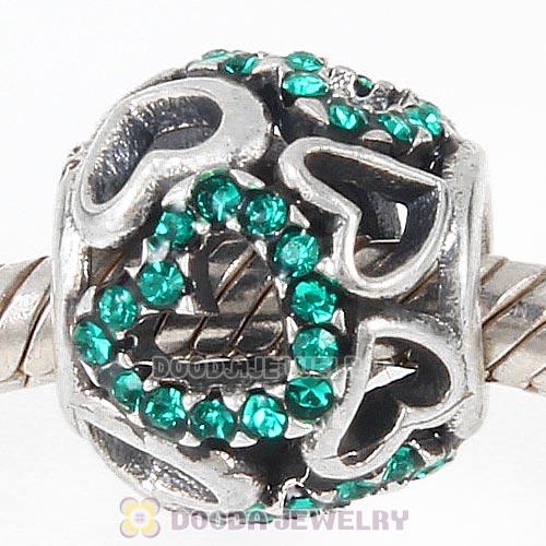 Sterling Silver love Hearts Charm with Emerald Heart Austrian Crystal