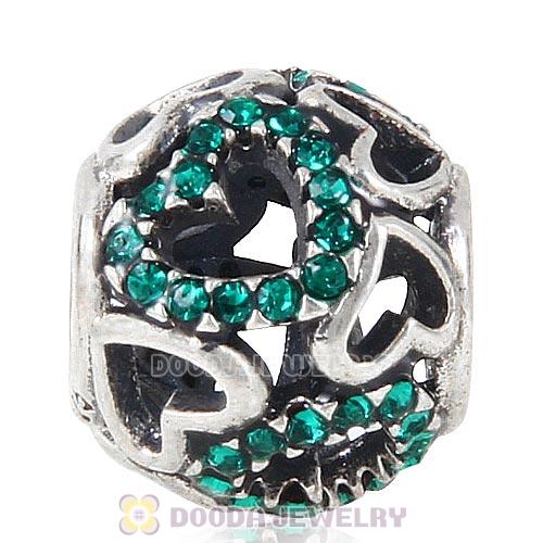 Sterling Silver love Hearts Charm with Emerald Heart Austrian Crystal