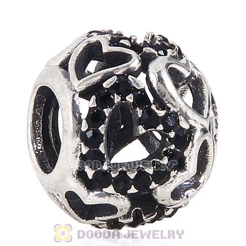 Sterling Silver love Hearts Charm with Jet Heart Austrian Crystal