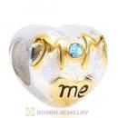 Sterling Silver Gold Plated MOM Love me Heart Beads with Aquamarine Austrian Crystal