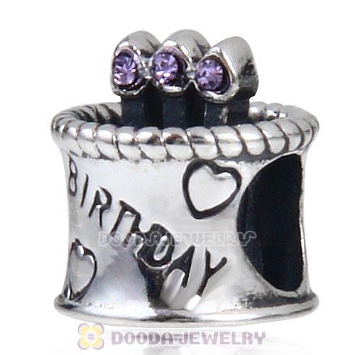 Sterling Silver Birthday Cake Charm Beads with Violet Austrian Crystal Wholesale