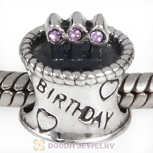 Sterling Silver Birthday Cake Charm Beads with Violet Austrian Crystal Wholesale