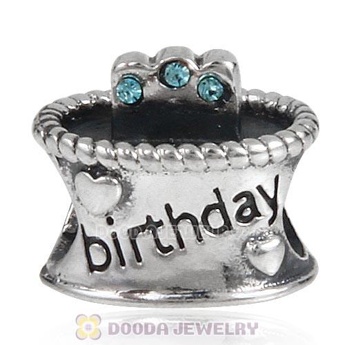 Sterling Silver Birthday Cake Charm Beads with Aquamarine Austrian Crystal Wholesale